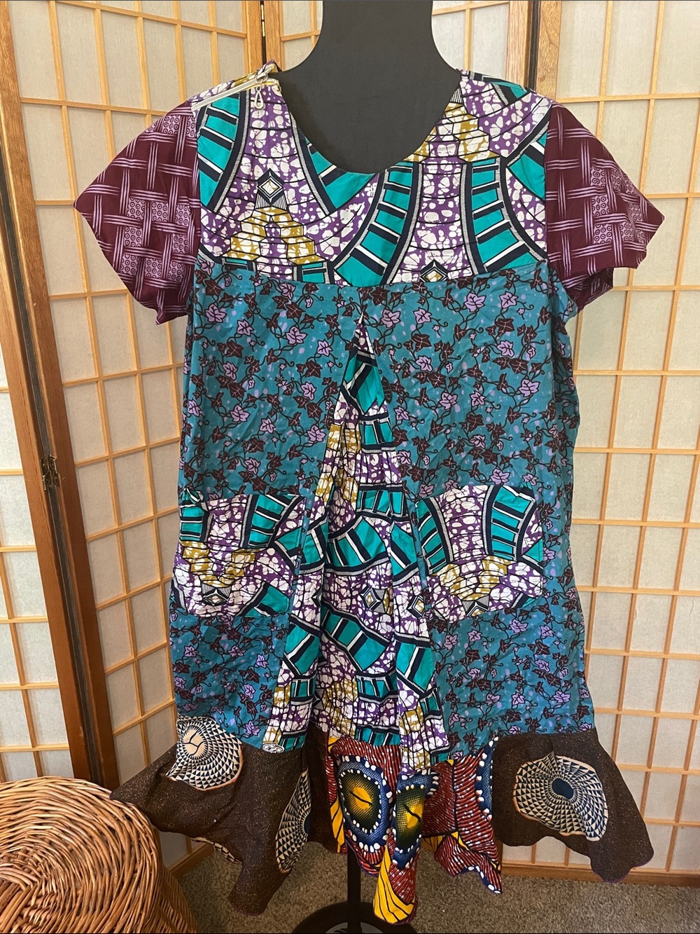 Vibrant Patchwork Ankara Tunic in Teal, Purple & Burgundy Handmade in Ghana